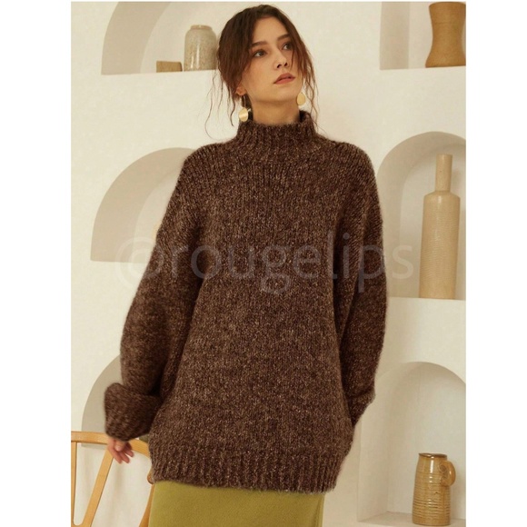 Brown Knit Oversized Pullover Turtleneck Sweater - Picture 2 of 10